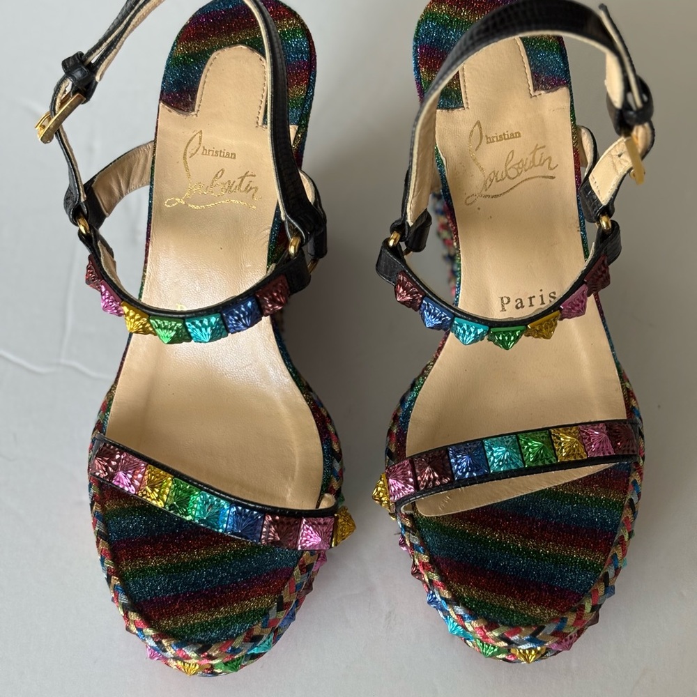 Christian Louboutin blue and Pink Sandals with Spiked Straps